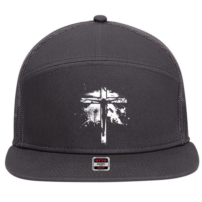 Distressed Jesus Cross Christianity 7 Panel Mesh Trucker Snapback Hat