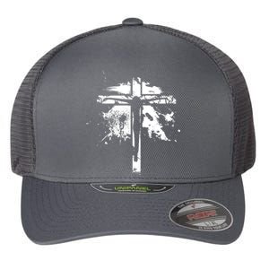 Distressed Jesus Cross Christianity Flexfit Unipanel Trucker Cap