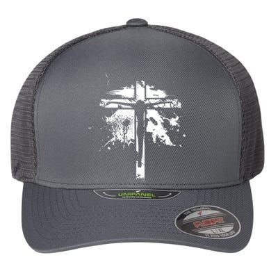 Distressed Jesus Cross Christianity Flexfit Unipanel Trucker Cap