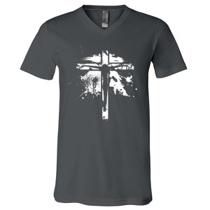 Distressed Jesus Cross Christianity V-Neck T-Shirt