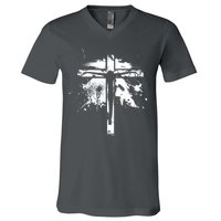 Distressed Jesus Cross Christianity V-Neck T-Shirt