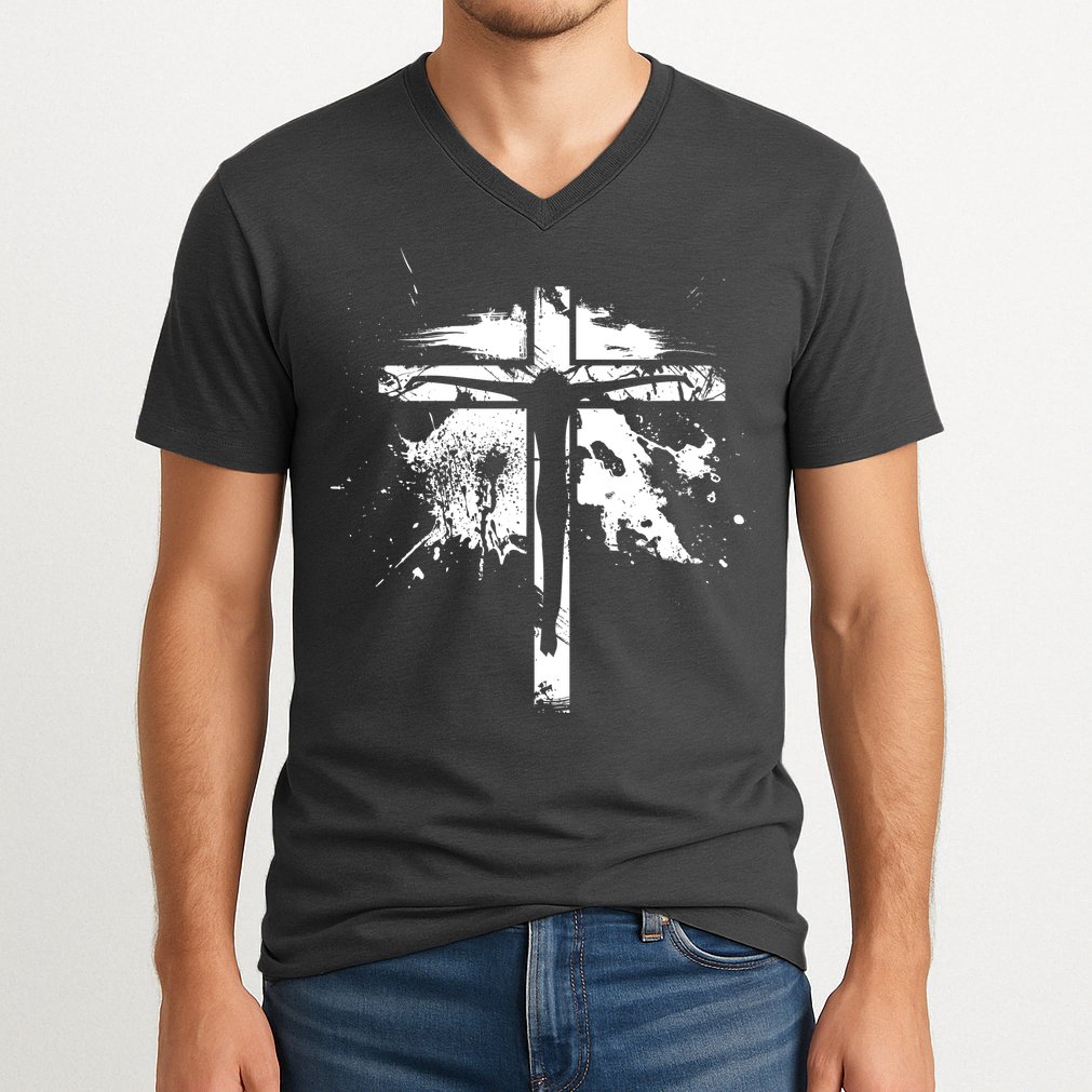 Distressed Jesus Cross Christianity V-Neck T-Shirt