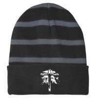 Distressed Jesus Cross Christianity Striped Beanie with Solid Band