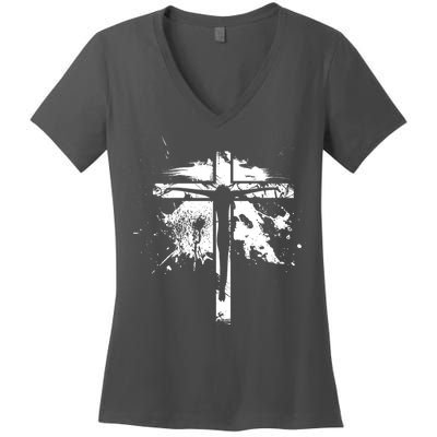 Distressed Jesus Cross Christianity Women's V-Neck T-Shirt