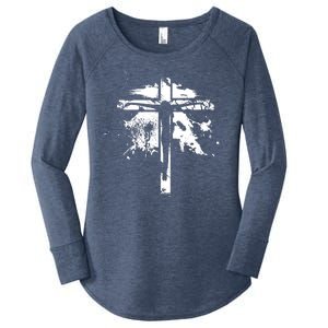 Distressed Jesus Cross Christianity Women's Perfect Tri Tunic Long Sleeve Shirt