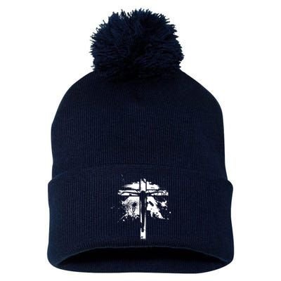 Distressed Jesus Cross Christianity Pom Pom 12in Knit Beanie