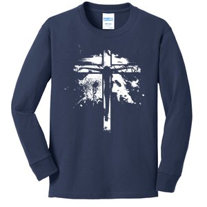 Distressed Jesus Cross Christianity Kids Long Sleeve Shirt