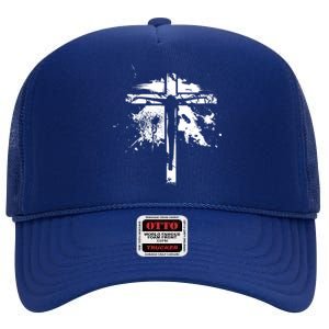 Distressed Jesus Cross Christianity High Crown Mesh Back Trucker Hat