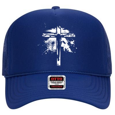 Distressed Jesus Cross Christianity High Crown Mesh Back Trucker Hat