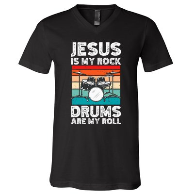 Drummer Jesus Drumming Drums Percussion Faith Christian V-Neck T-Shirt