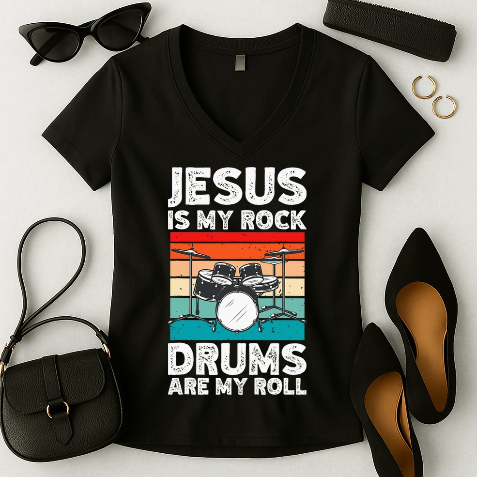 Drummer Jesus Drumming Drums Percussion Faith Christian Women's V-Neck T-Shirt