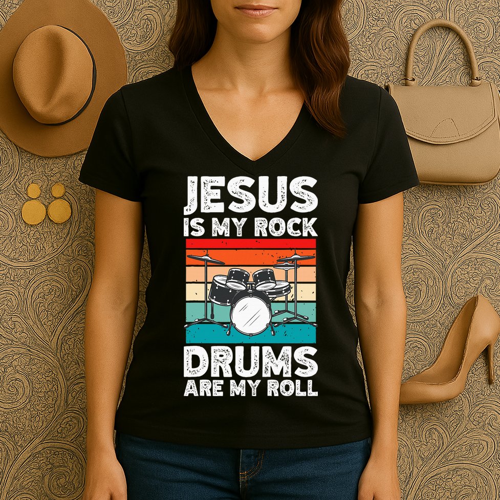 Drummer Jesus Drumming Drums Percussion Faith Christian Women's V-Neck T-Shirt