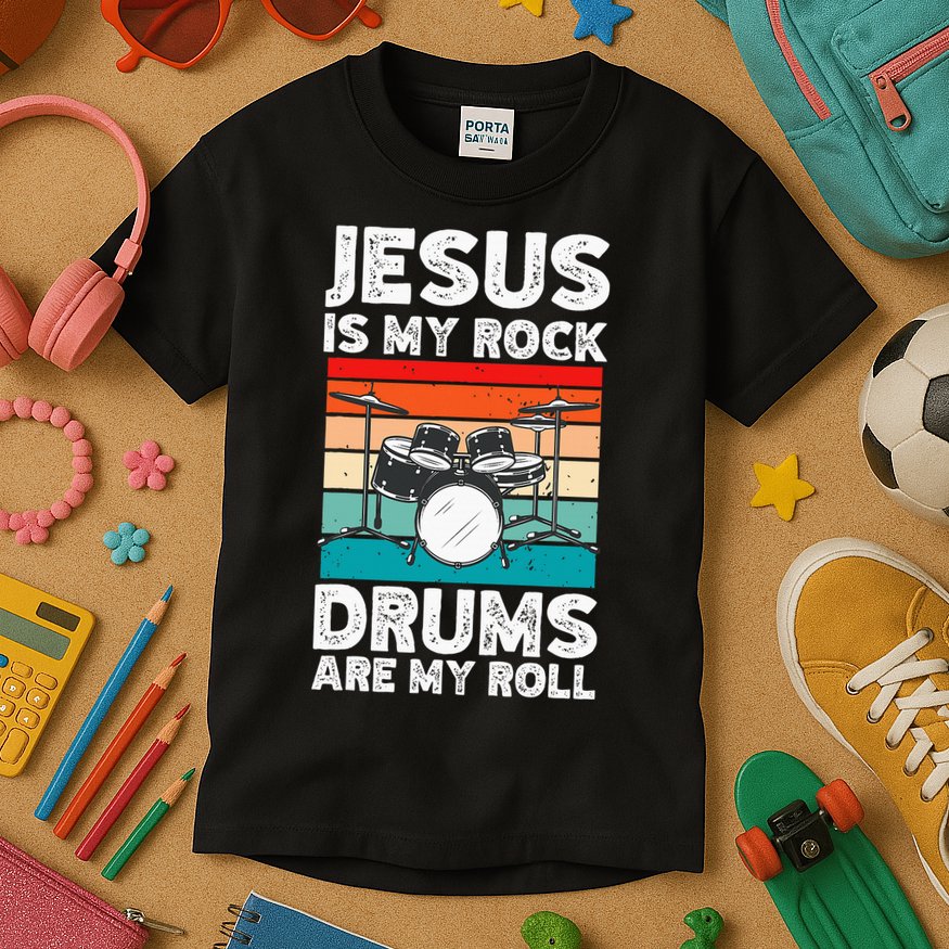 Drummer Jesus Drumming Drums Percussion Faith Christian Kids T-Shirt