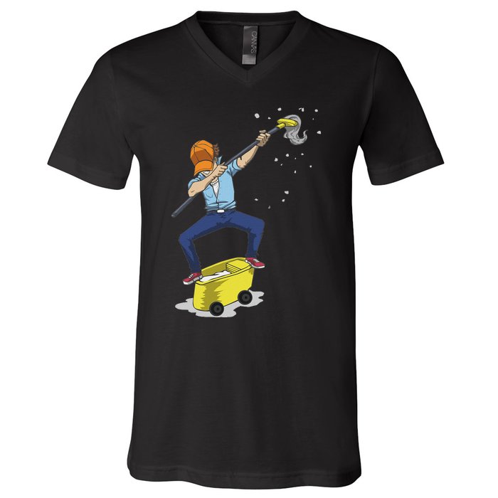 Dabbing Janitor Funny Dancing Gift For Custodian V-Neck T-Shirt