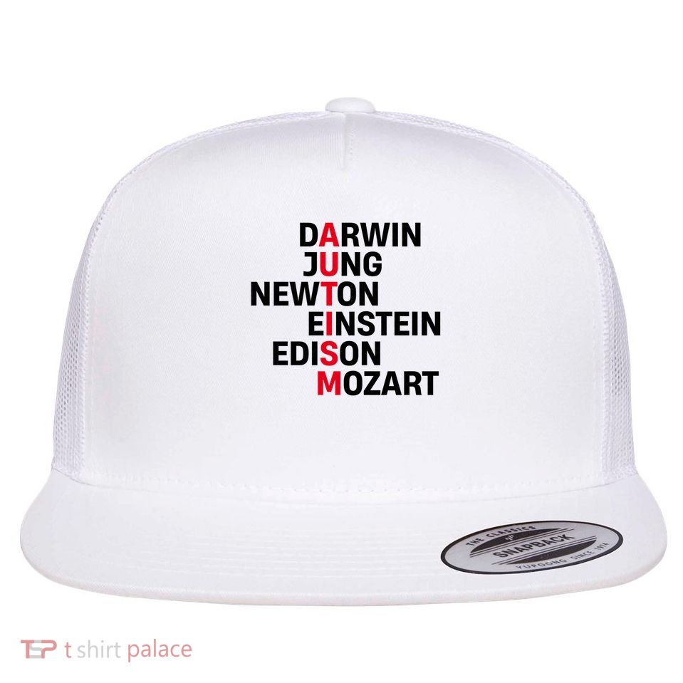 Darwin Jung Newton Einstein Edison Mozart Autism Awareness Flat Bill Trucker Hat