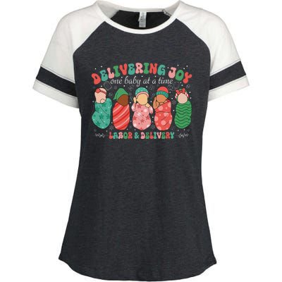 Delivering Joy One Baby At A Time Labor & Delivery Christmas Enza Ladies Jersey Colorblock Tee