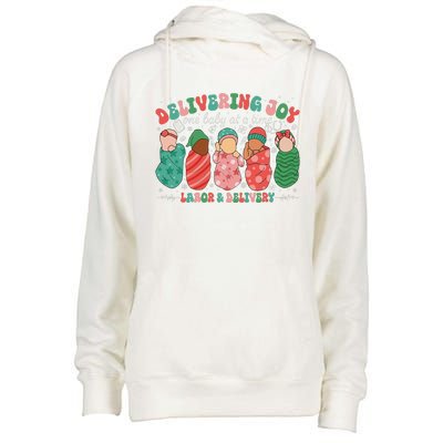 Delivering Joy One Baby At A Time Labor & Delivery Christmas Womens Funnel Neck Pullover Hood