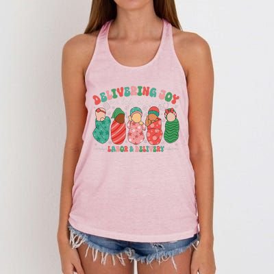 Delivering Joy One Baby At A Time Labor & Delivery Christmas Women's Knotted Racerback Tank