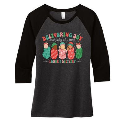 Delivering Joy One Baby At A Time Labor & Delivery Christmas Women's Tri-Blend 3/4-Sleeve Raglan Shirt