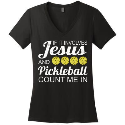 Distressed Jesus Pickleball Player Worship Church Graphic Women's V-Neck T-Shirt