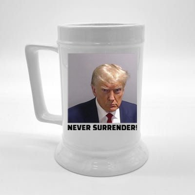 Donald J Trump Mug Shot Never Surrender Beer Stein