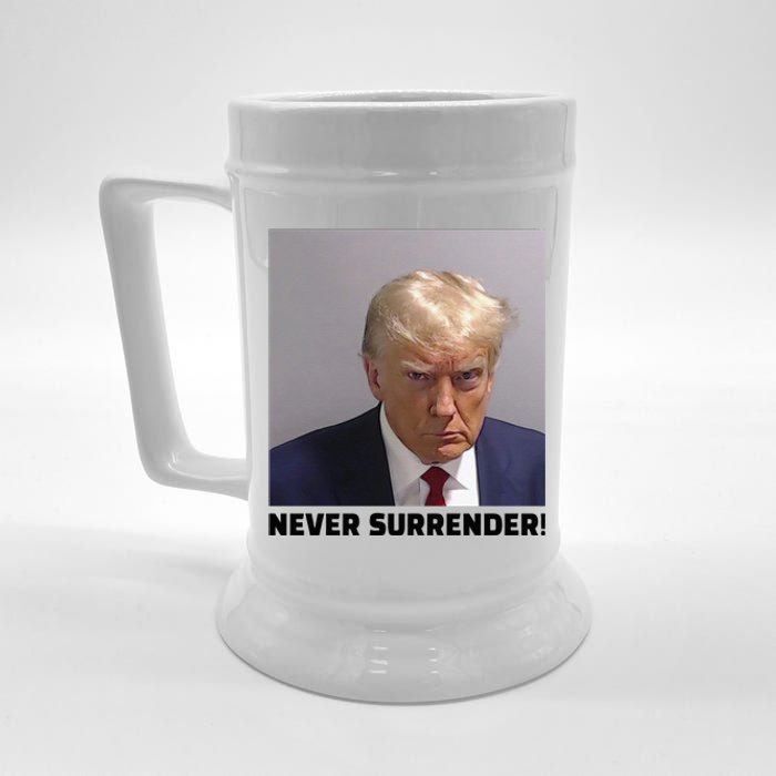 Donald J Trump Mug Shot Never Surrender Beer Stein