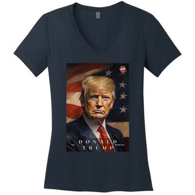 Donald J Trump 47th President Of The United States Portrait Women's V-Neck T-Shirt