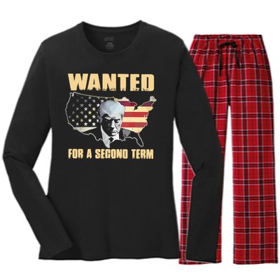 Donald J. Trump Wanted For Second Term Women's Long Sleeve Flannel Pajama Set 