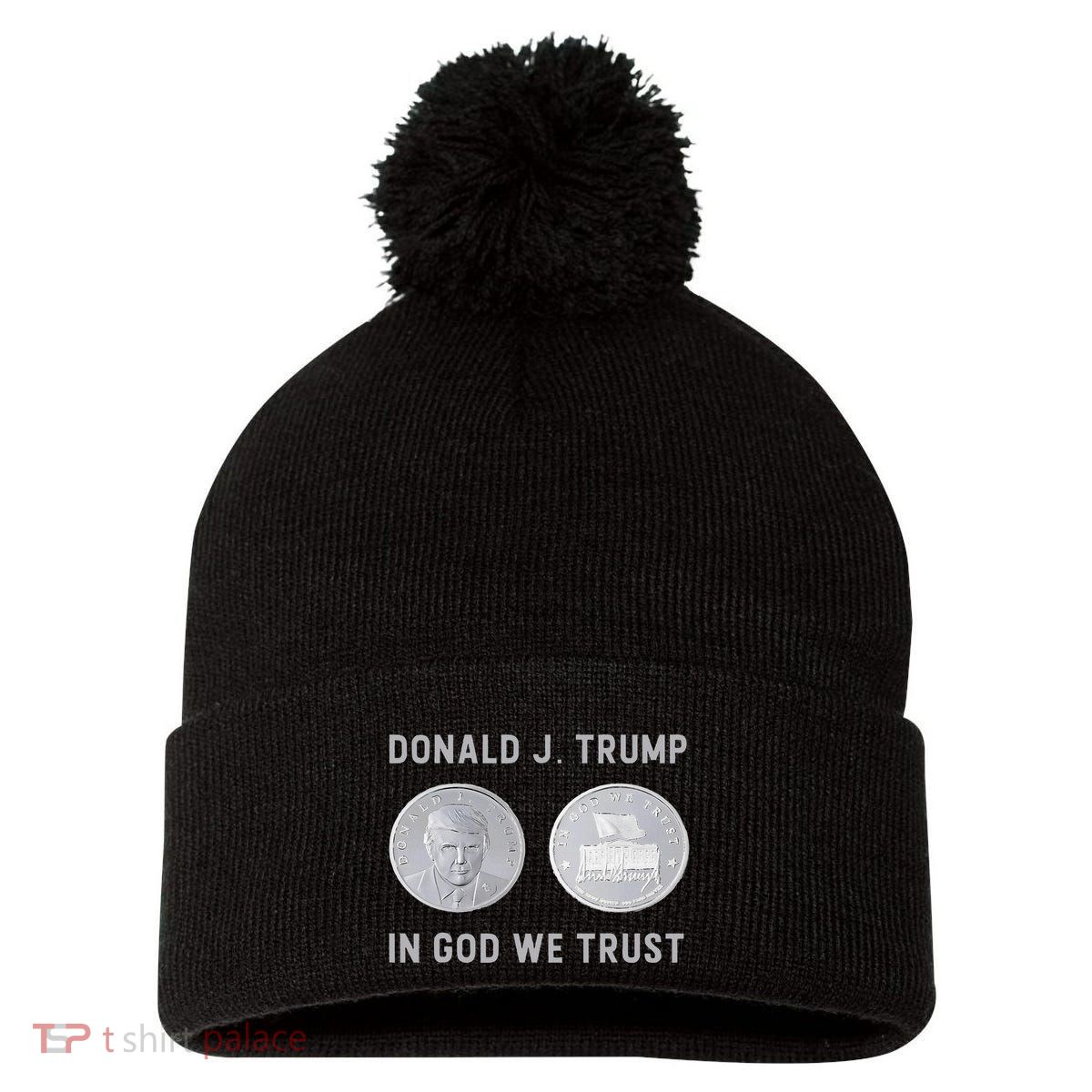 Donald J. Trump Silver Coin In God We Trust Silver Medallion Pom Pom 12in Knit Beanie