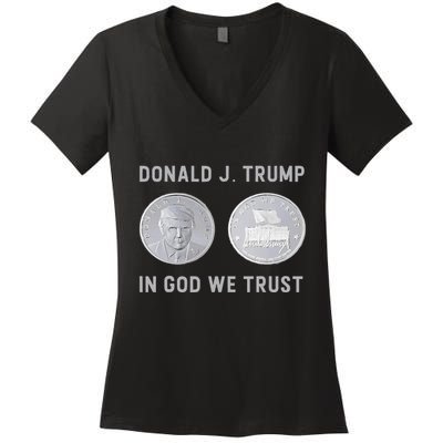 Donald J. Trump Silver Coin In God We Trust Silver Medallion Women's V-Neck T-Shirt