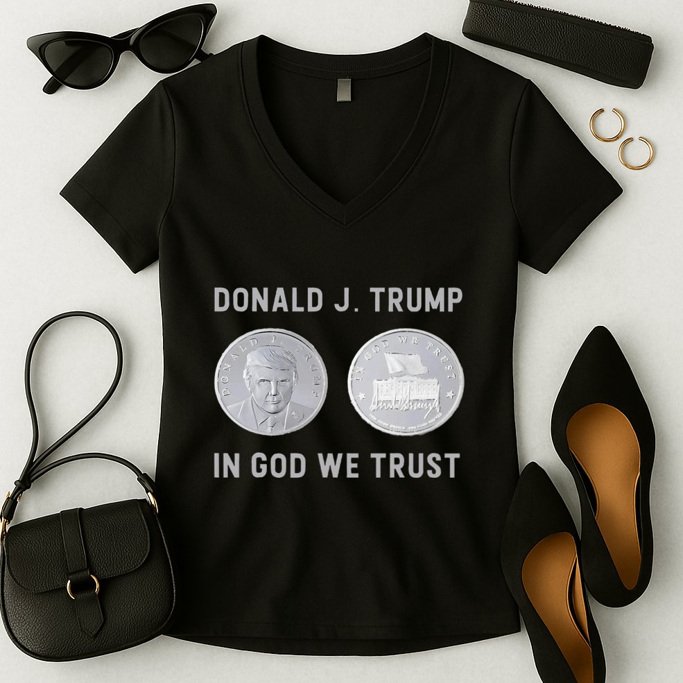 Donald J. Trump Silver Coin In God We Trust Silver Medallion Women's V-Neck T-Shirt