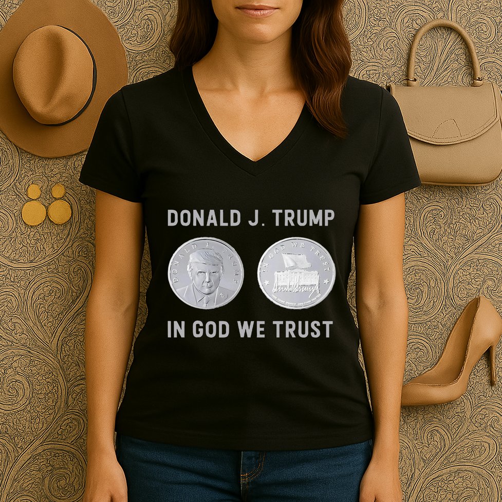 Donald J. Trump Silver Coin In God We Trust Silver Medallion Women's V-Neck T-Shirt