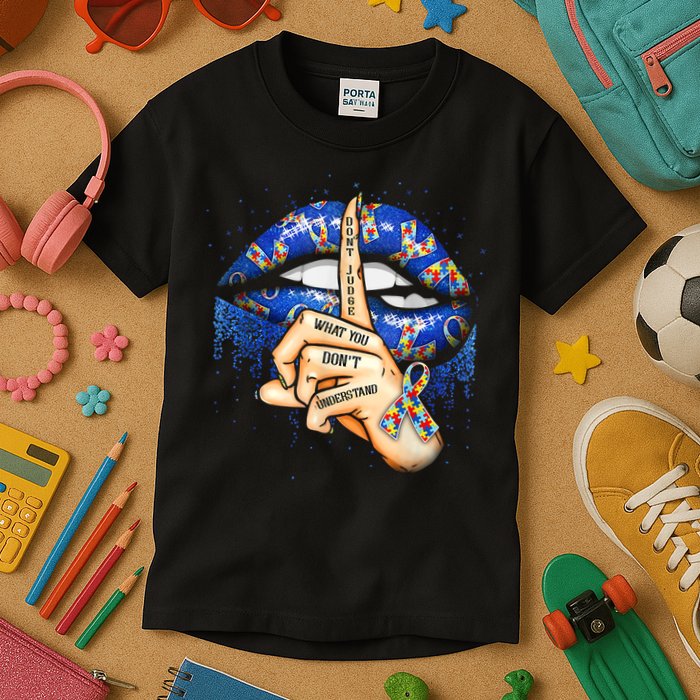 Don't Judge What You Don't Understand Autism Awareness Lips Kids T-Shirt