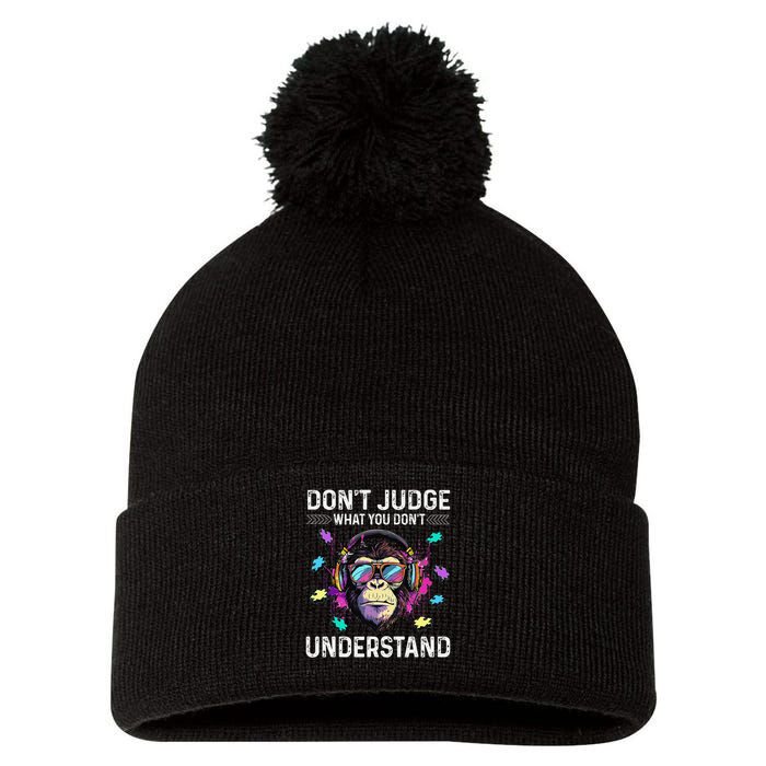 Dont Judge What You Dont Understand Autism Cute Gorilla Pom Pom 12in Knit Beanie