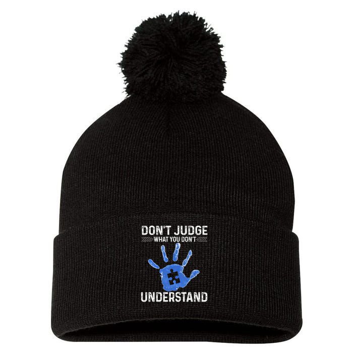Dont Judge What You Dont Understand Autism Child Handprint Pom Pom 12in Knit Beanie