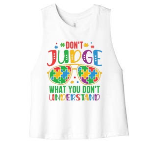 Don't Judge What You Don't' Understand Autism Awareness Month Women's Racerback Cropped Tank