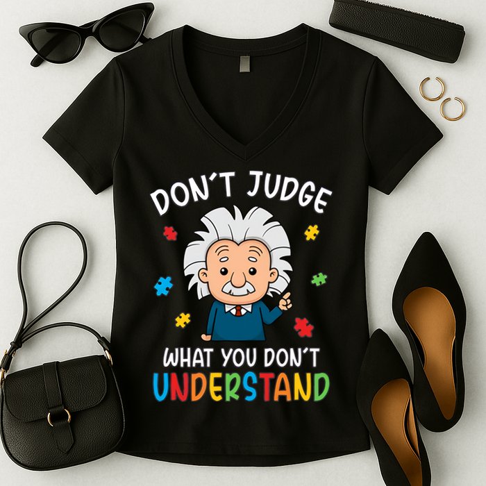 Don't Judge What You Don't Understand Autism Awareness Albert Einstein Women's V-Neck T-Shirt