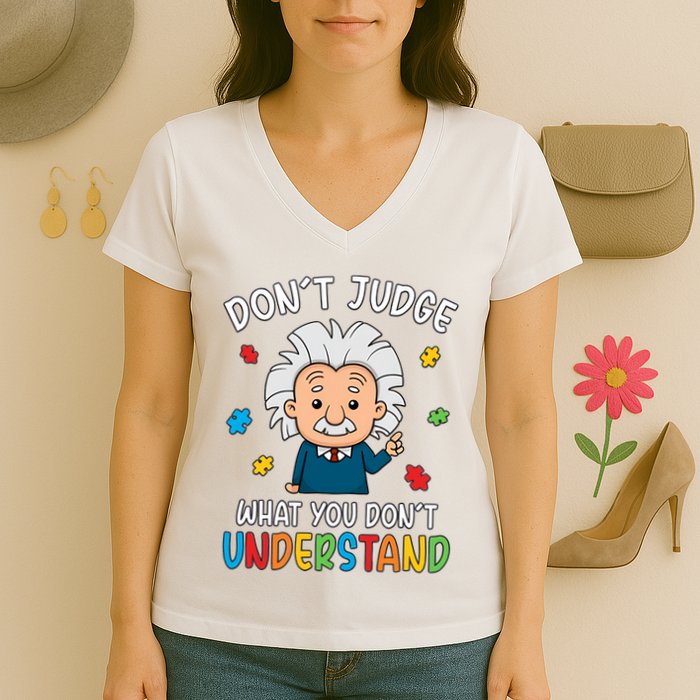 Don't Judge What You Don't Understand Autism Awareness Albert Einstein Women's V-Neck T-Shirt