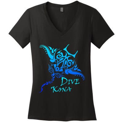 Dive Kona Hawaii Tribal Stingray Polynesian Tattoo Women's V-Neck T-Shirt