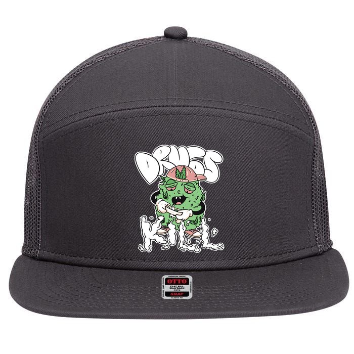 Drugs Kill Marijuana Bud Cartoon 7 Panel Mesh Trucker Snapback Hat