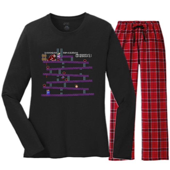 Donkey Kong Retro Arcade Game Screen Women's Long Sleeve Flannel Pajama Set 