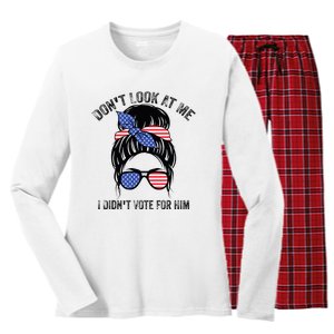 DonT Look At Me I DidnT Vote For Him Messy Bun Usa Flag Women's Long Sleeve Flannel Pajama Set 