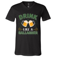 Drink Like A Galagher Lucky Beer Shamrock Beer Lover Saint Patrick's Day V-Neck T-Shirt