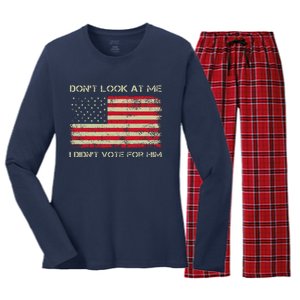 DonT Look At Me I DidnT Vote For Him Funny Us Flag Retro Women's Long Sleeve Flannel Pajama Set 