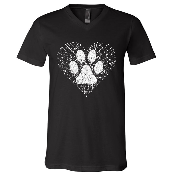 Dog Lover Dog Mom Dad Creative Heart Dog Paw Print V-Neck T-Shirt