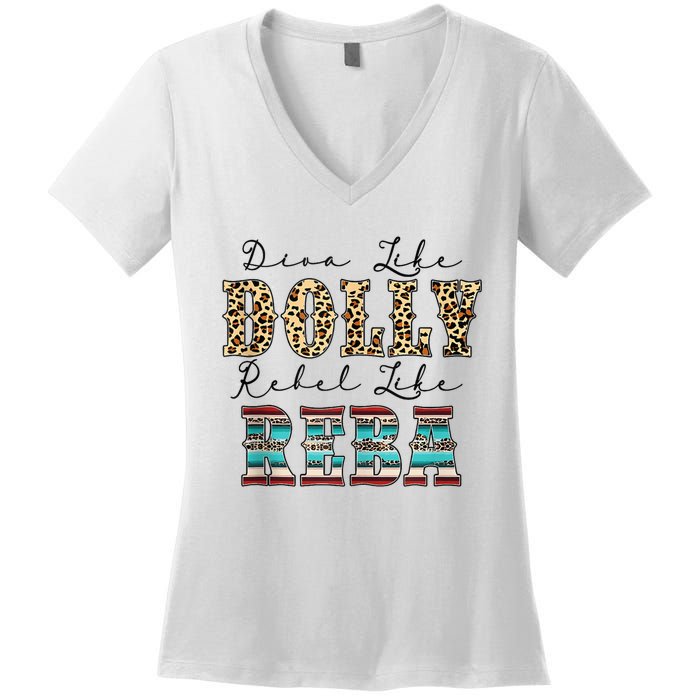 Diva Like Dolly Rebel Like Reba Leopard Texture Style Women's V-Neck T-Shirt