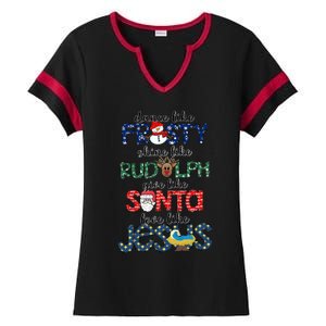 Dance Like Frosty Shine Give Santa Love Like Jesus Ladies Halftime Notch Neck Tee