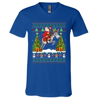 Donkey Lover Funny Ugly Santa Riding Donkey Christmas Gift V-Neck T-Shirt