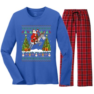 Donkey Lover Funny Ugly Santa Riding Donkey Christmas Gift Women's Long Sleeve Flannel Pajama Set 