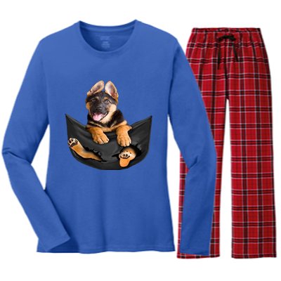 Dog Lovers Funny Gift Ger Shepherd In Pocket Funny Dog Face Funny Gift Women's Long Sleeve Flannel Pajama Set 